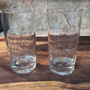 2 MCM Bar Glasses Gold Etched Clipper Ship. Excellent Condition.